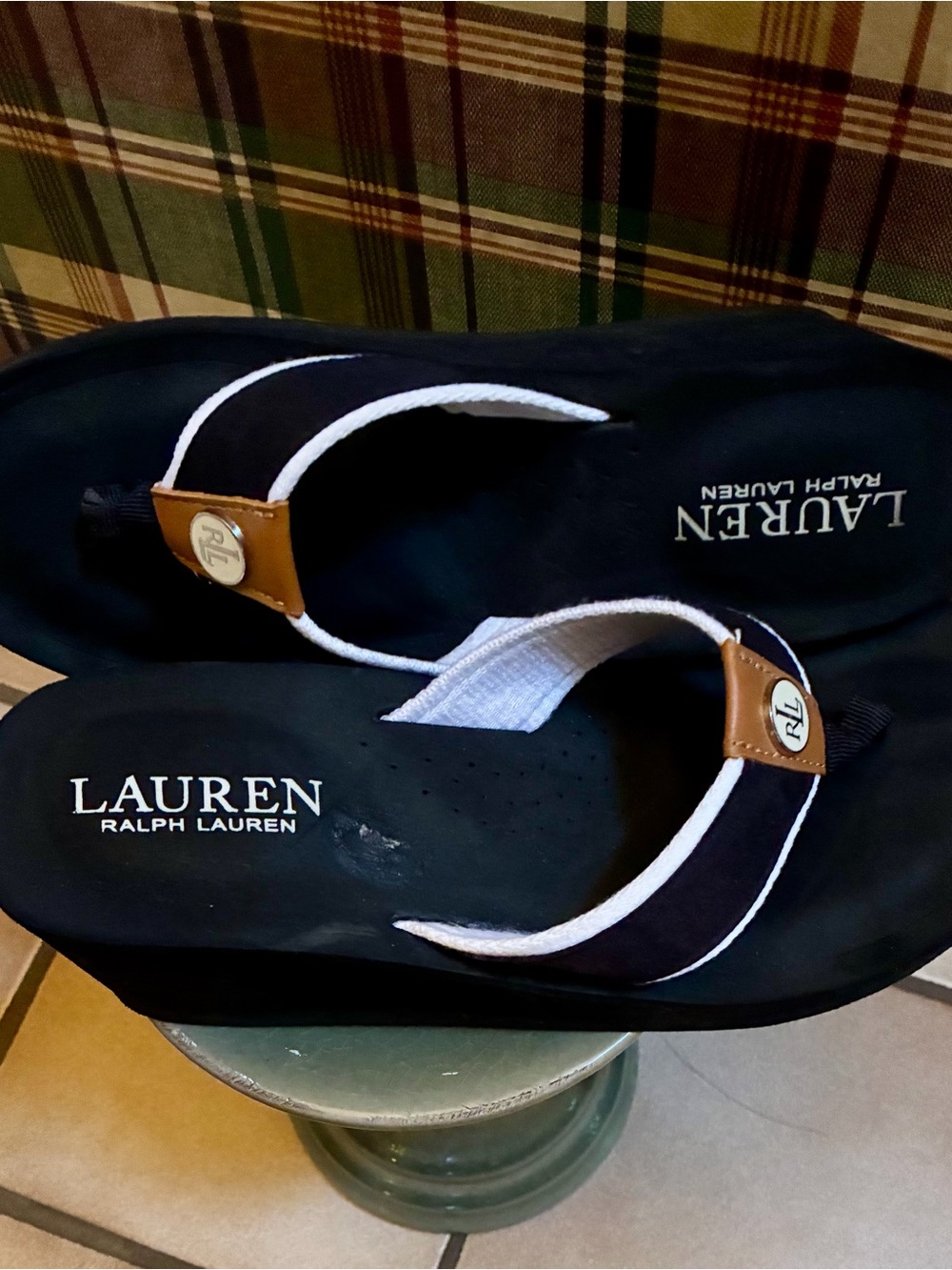 Lauren Ralph Lauren Navy, White & Tan Flip Flop Sandals